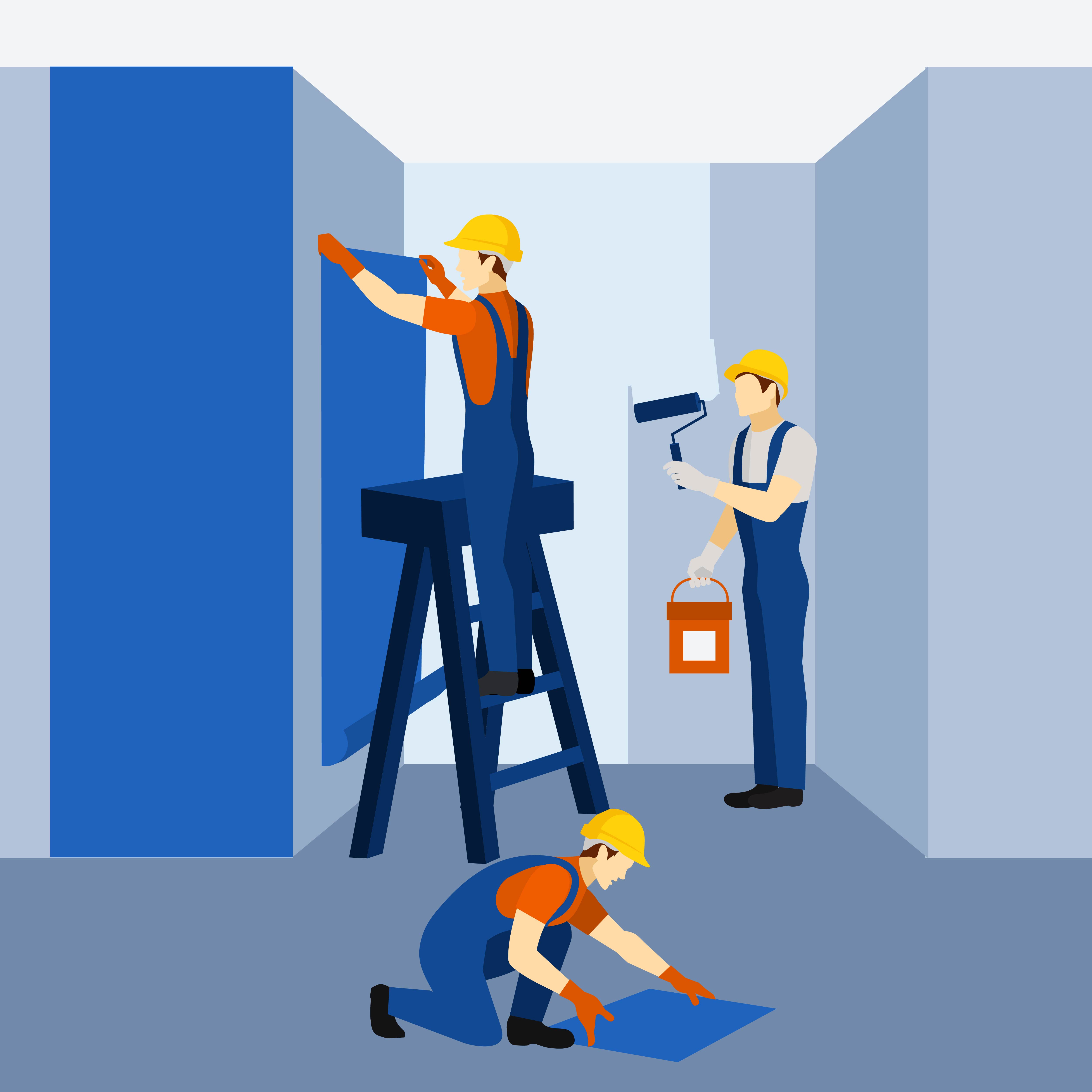 Worker installing a false ceiling framework with lighting setup