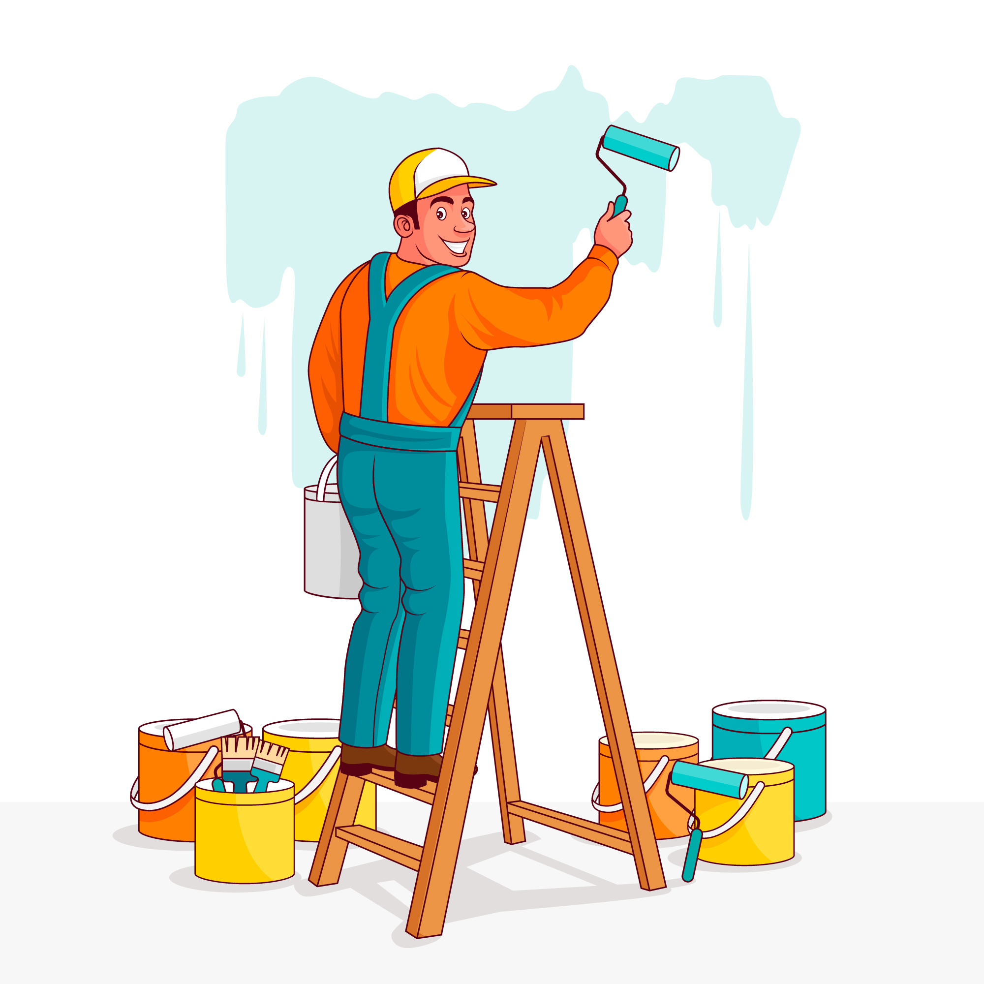 Interior painter applying white paint on wall with roller brush