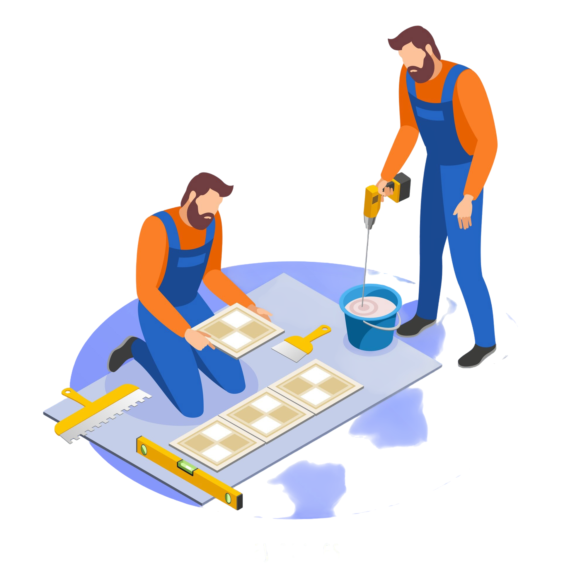Tile worker aligning and laying ceramic floor tiles precisely